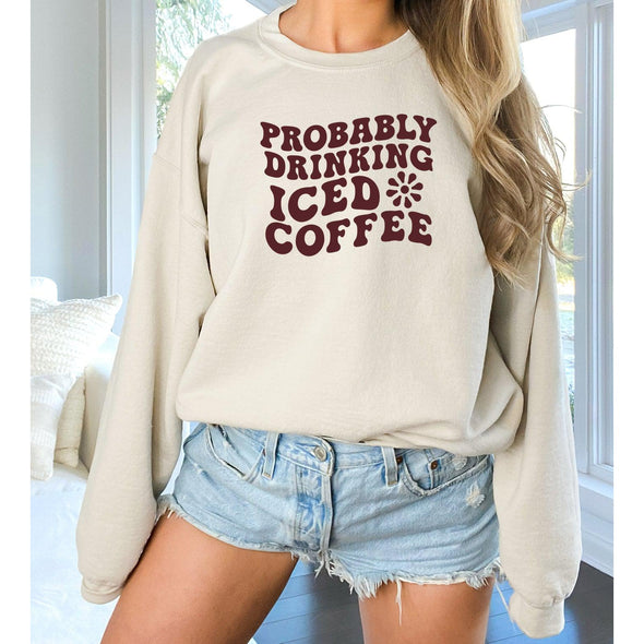 Probably Drinking Iced Coffee Retro Crewneck--Painted Lavender
