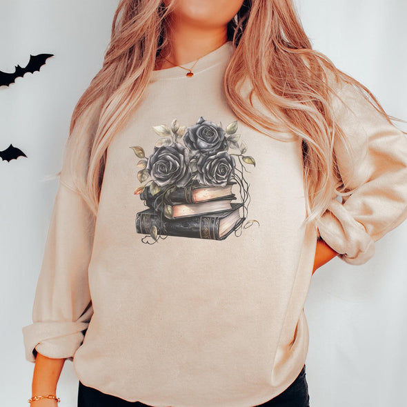 Spooky Book Stack Crewneck Sweatshirt-Painted Lavender