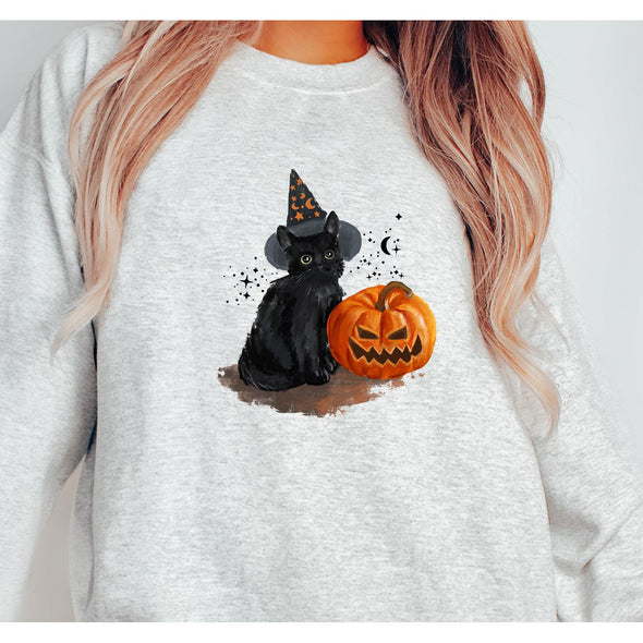 Witch Cat Crewneck Sweatshirt-Painted Lavender