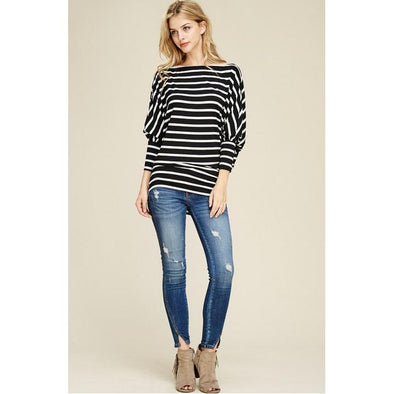 Back to Black Stripe Dolman Top, Black and White-Painted Lavender