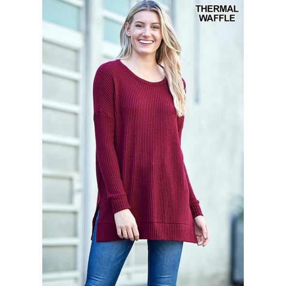 Brushed Waffle Tunic Sweater, Dark Burgundy--Painted Lavender