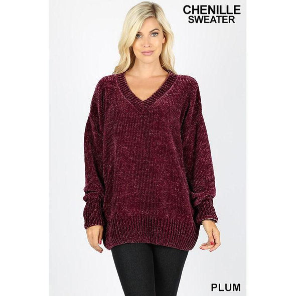 Chenille V-Neck Sweater, Plum--Painted Lavender
