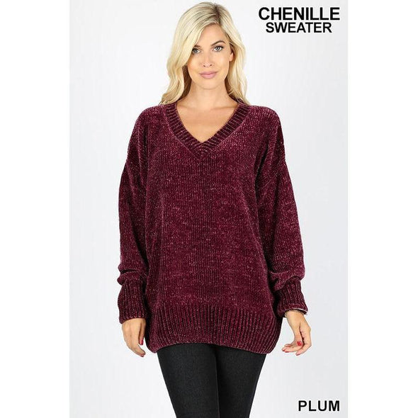 Chenille V-Neck Sweater, Plum-Painted Lavender
