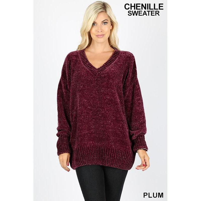 Chenille V-Neck Sweater, Plum – Painted Lavender