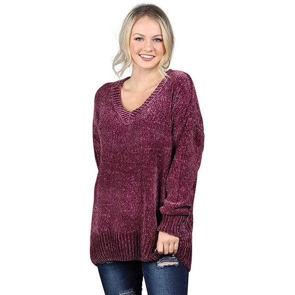 Chenille V-Neck Sweater, Plum-Painted Lavender