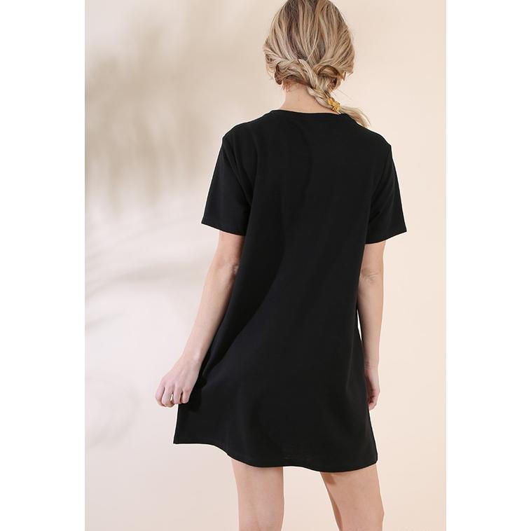Embroidered Tshirt Dress, Black Painted Lavender Embroidered Tshirt Dress, Black Painted Lavender