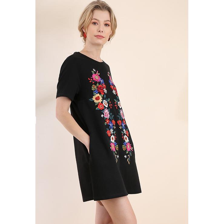 Embroidered Tshirt Dress, Black - S Embroidered Tshirt Dress, Black - S