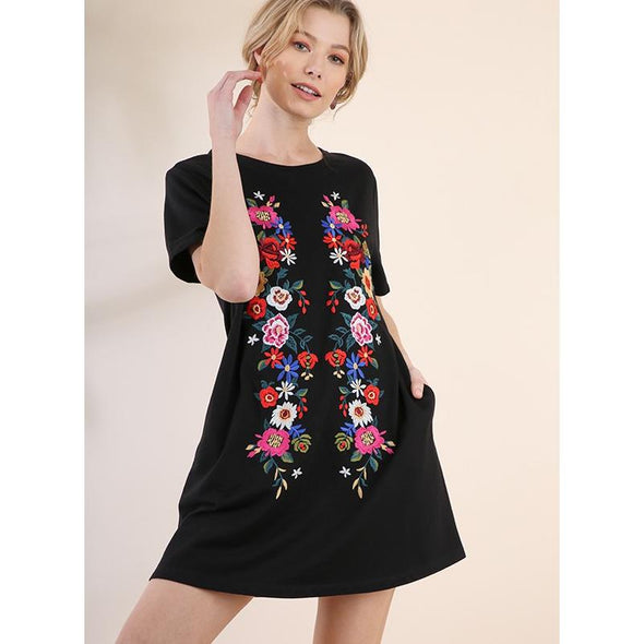 Embroidered Tshirt Dress, Black--Painted Lavender