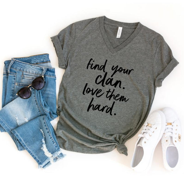 Find Your Clan Love Them Hard Vneck Tee--Painted Lavender