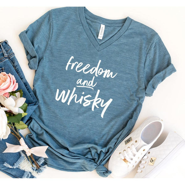 Freedom and Whisky Vneck Outlander Tee, White Print-Painted Lavender