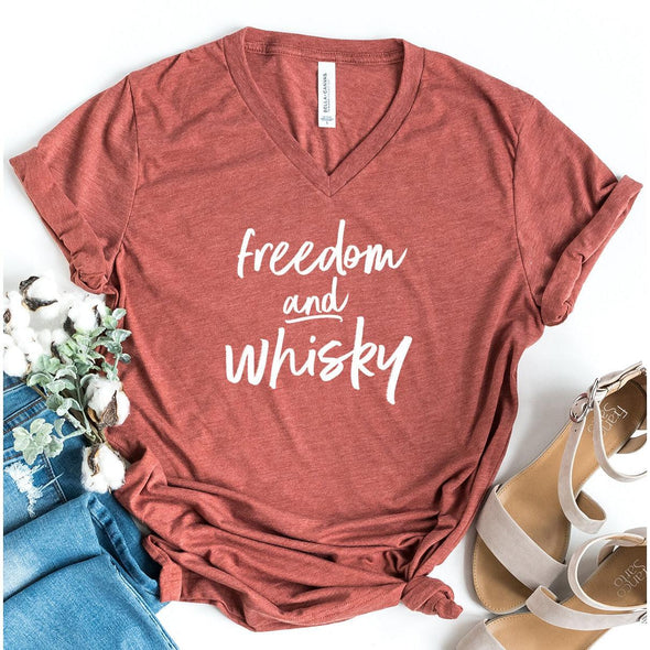Freedom and Whisky Vneck Outlander Tee, White Print--Painted Lavender
