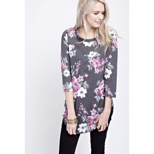 Grace Floral Top in Charcoal Grey-Painted Lavender