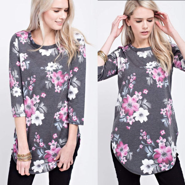 Grace Floral Top in Charcoal Grey-Painted Lavender