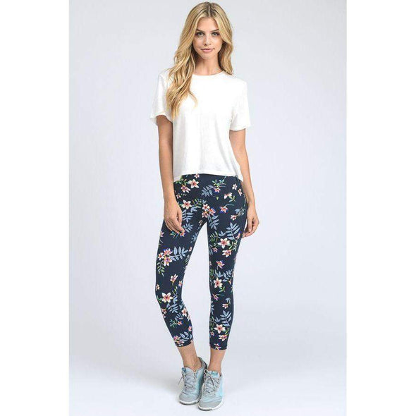 High Waist Navy Blossom Athletic Capri Leggings-Painted Lavender