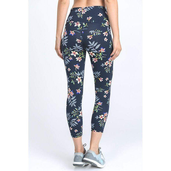 High Waist Navy Blossom Athletic Capri Leggings--Painted Lavender