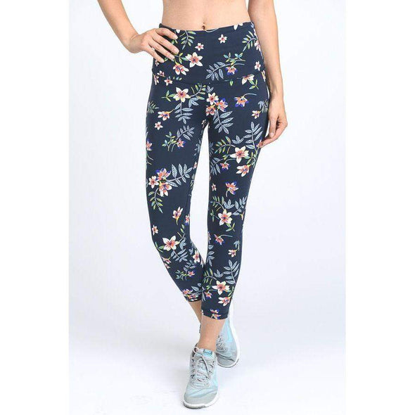 High Waist Navy Blossom Athletic Capri Leggings--Painted Lavender