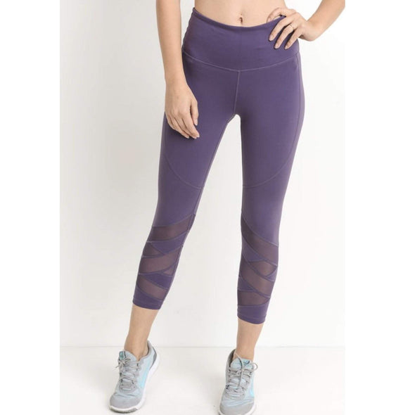 High Waist Zig Zag Mesh Panel Capri Leggings-Painted Lavender