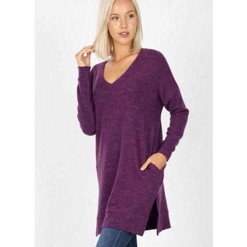 Long Sleeve V-Neck Brushed Melange Sweater, Plum--Painted Lavender