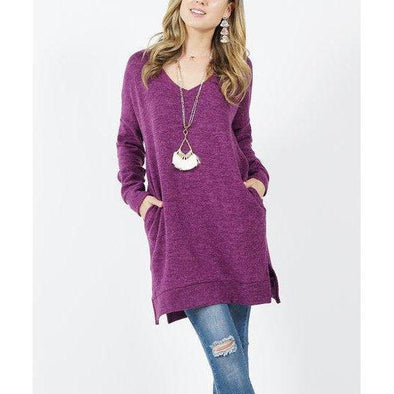 Long Sleeve V-Neck Brushed Melange Sweater, Plum--Painted Lavender