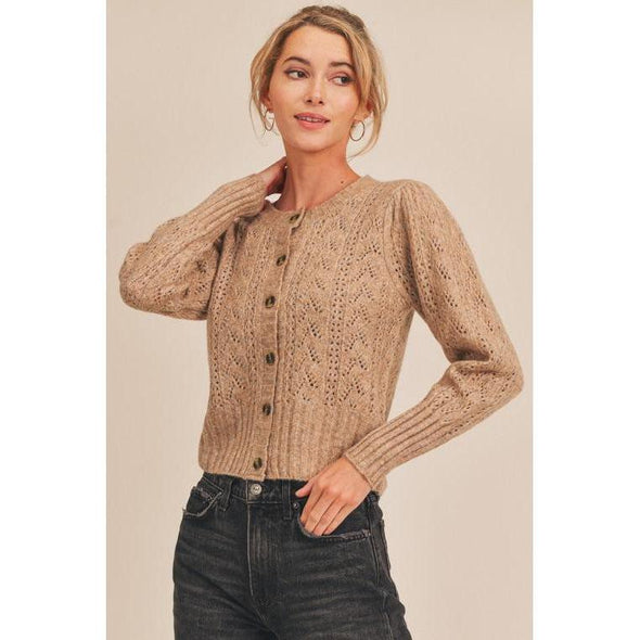 Mocha Pointelle Knit Cardigan-Painted Lavender