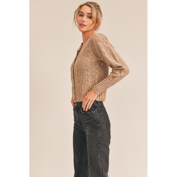 Mocha Pointelle Knit Cardigan-Painted Lavender