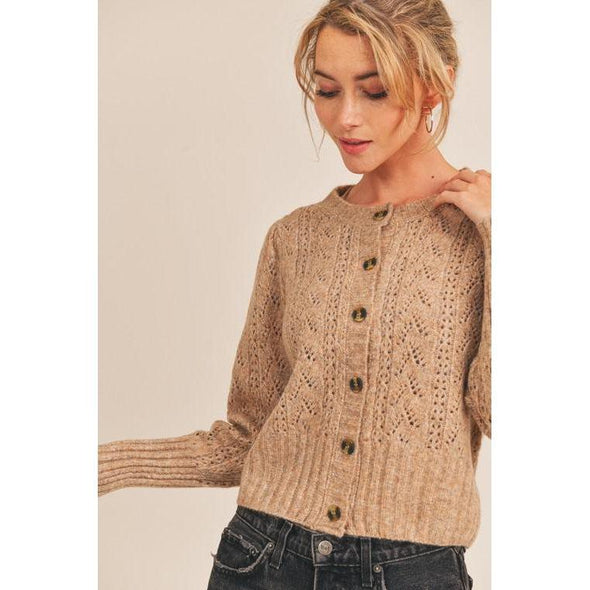Mocha Pointelle Knit Cardigan-Painted Lavender