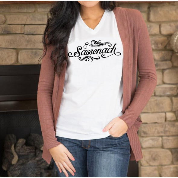 Outlander Sassenach Vneck Tshirt, Black Print--Painted Lavender