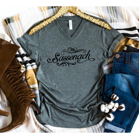 Outlander Sassenach Vneck Tshirt, Black Print--Painted Lavender
