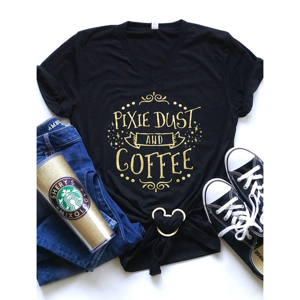 Pixie Dust and Coffee Vneck Tee, Gold Shimmer-Painted Lavender