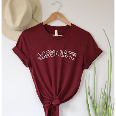 Sassenach Varsity Tee-S-Cranberry-Painted Lavender