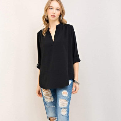 The Caroline Roll Tab Tunic Blouse, Black--Painted Lavender