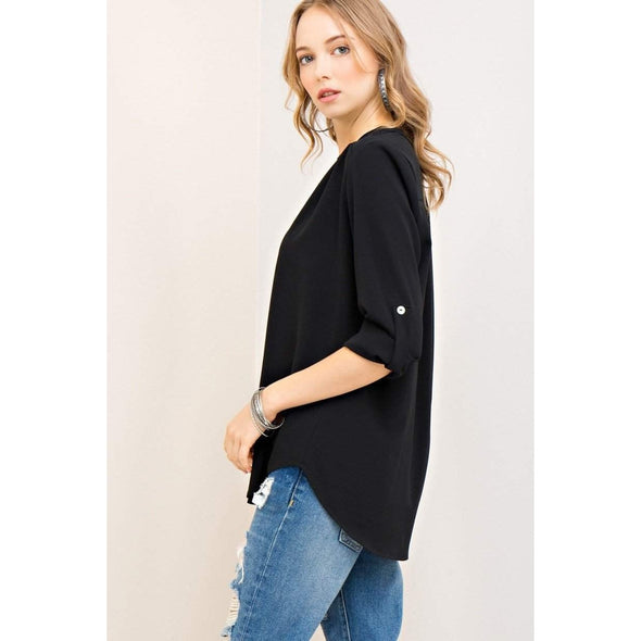 The Caroline Roll Tab Tunic Blouse, Black--Painted Lavender