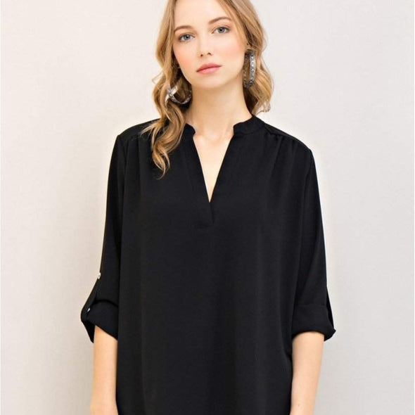The Caroline Roll Tab Tunic Blouse, Black--Painted Lavender