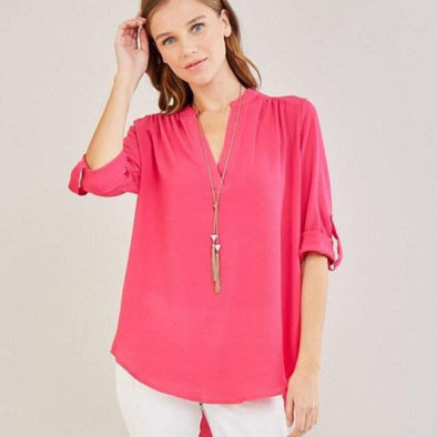 The Caroline Roll Tab Tunic Blouse, Fuchsia--Painted Lavender