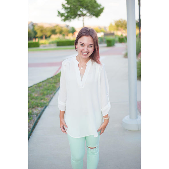 The Caroline Roll Tab Tunic Blouse, Ivory--Painted Lavender