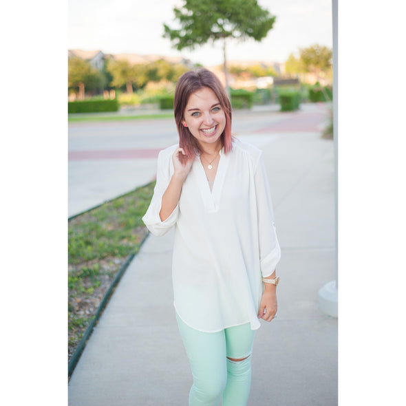 The Caroline Roll Tab Tunic Blouse, Ivory--Painted Lavender