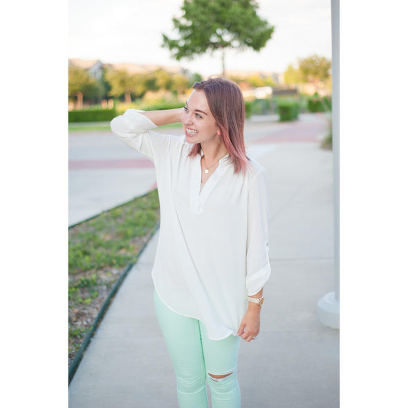 The Caroline Roll Tab Tunic Blouse, Ivory--Painted Lavender