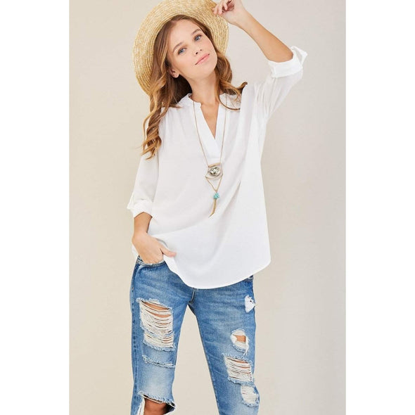The Caroline Roll Tab Tunic Blouse, Ivory--Painted Lavender