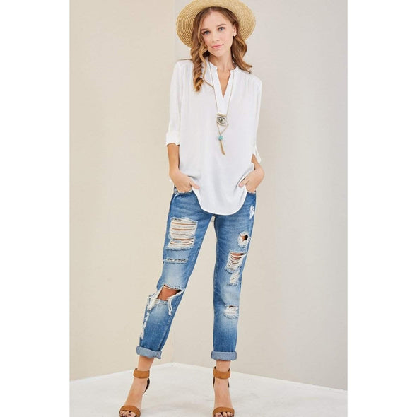 The Caroline Roll Tab Tunic Blouse, Ivory--Painted Lavender