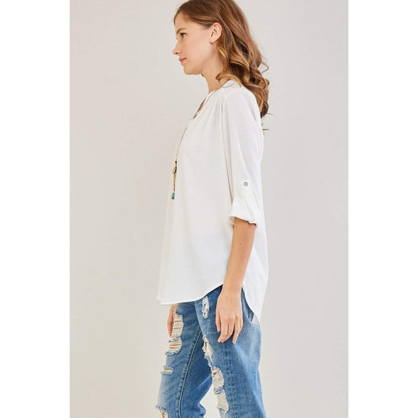 The Caroline Roll Tab Tunic Blouse, Ivory--Painted Lavender