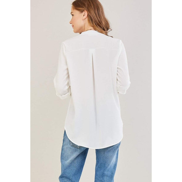 The Caroline Roll Tab Tunic Blouse, Ivory--Painted Lavender
