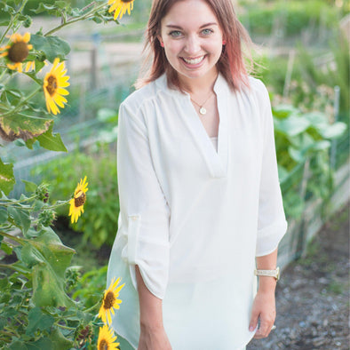 The Caroline Roll Tab Tunic Blouse, Ivory--Painted Lavender