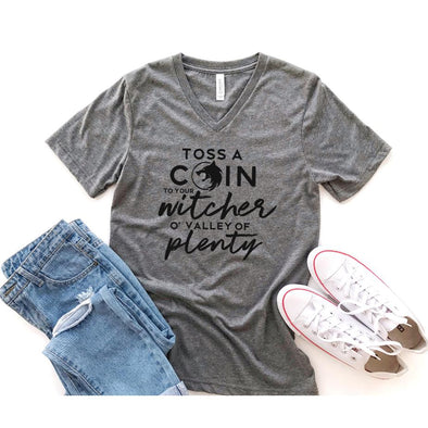 Toss A Coin To Your Witcher Vneck Tee, Black Print-Painted Lavender