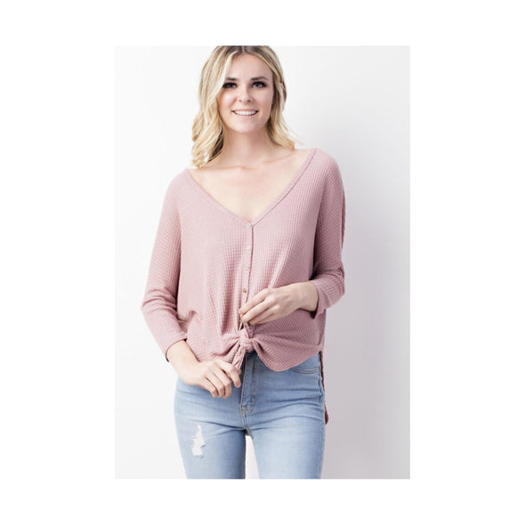 Waffle Knit Button Down Top - Mauve-Painted Lavender