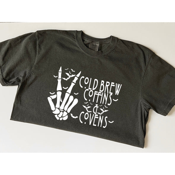 Cold Brew, Coffins and Covens Tee-Painted Lavender