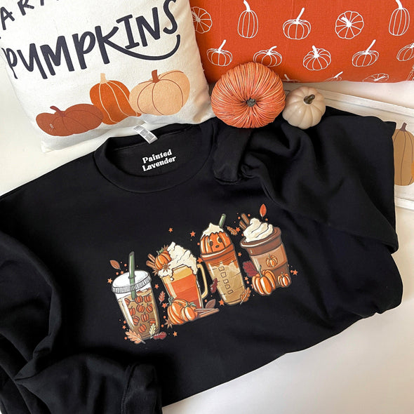 Autumn Lattes Crewneck Sweatshirt - Black--Painted Lavender
