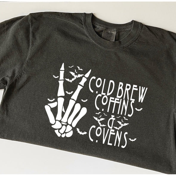 Cold Brew, Coffins and Covens Tee-Painted Lavender