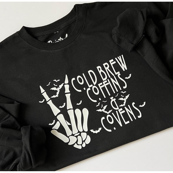 Cold Brew, Coffins and Covens Crewneck Sweatshirt--Painted Lavender