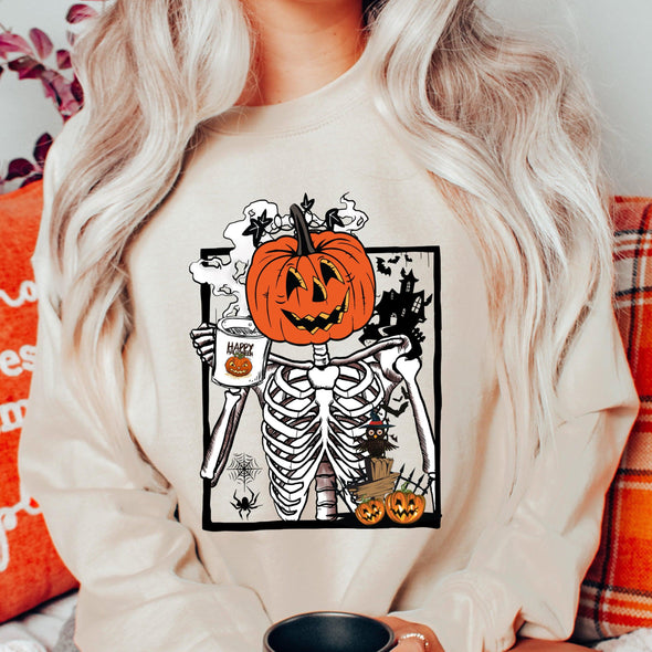 Pumpkin Skeleton Coffee Sweatshirt--Painted Lavender