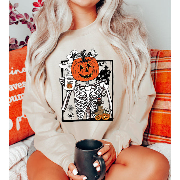 Pumpkin Skeleton Coffee Sweatshirt--Painted Lavender
